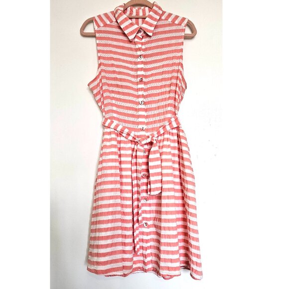 Sleeveless Cotton Blend Crinkle Plisse Striped A-Line Sundress Shirt Dress M - Picture 1 of 11